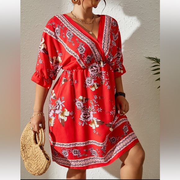 Boho Plus Size Floral Print Tie Back Dress Navy Blue - Picture 14 of 14